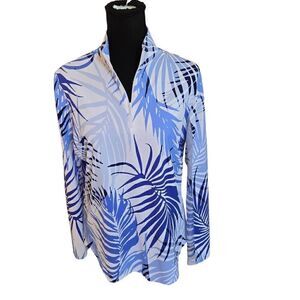 G LIFESTYLE Blue White Tropical Print Long Sleeve Athletic Golf Shirt Large
